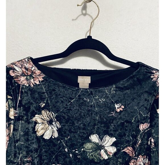 Chicos Dress Womens Medium Black Velvet Floral Puffy Bell Sleeve Shift Boho - Picture 2 of 6